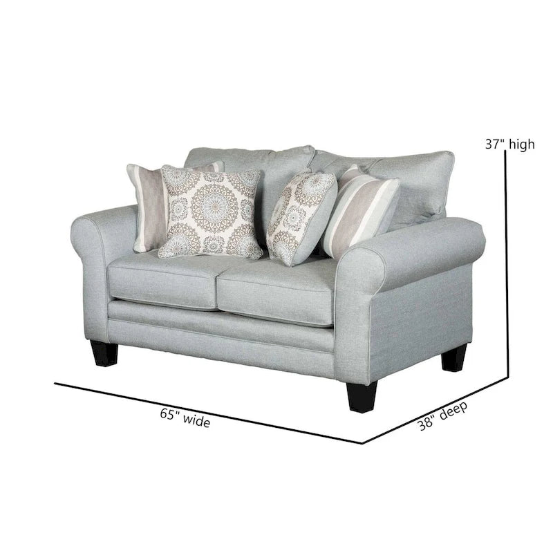 Causeuse transitoire gris-bleu clair à accoudoirs roulés avec coussins décoratifs