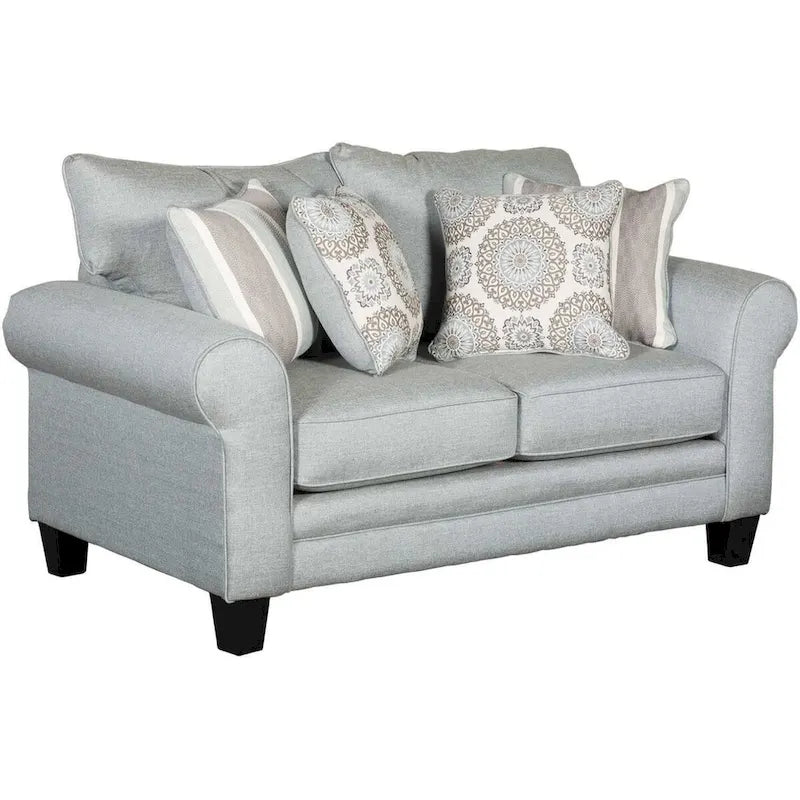 Causeuse transitoire gris-bleu clair à accoudoirs roulés avec coussins décoratifs