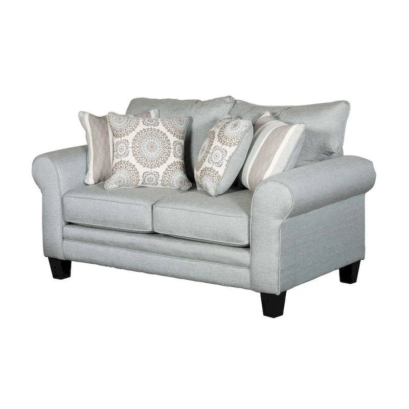 Causeuse transitoire gris-bleu clair à accoudoirs roulés avec coussins décoratifs