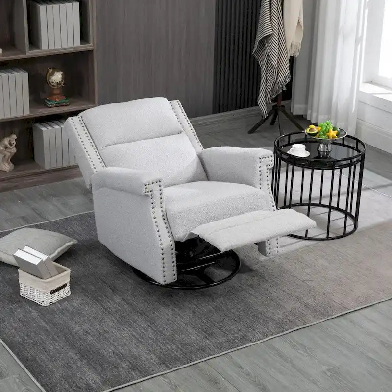 Fauteuil inclinable à bascule pivotant en bouclette avec rotation à 360 degrés et garniture cloutée
