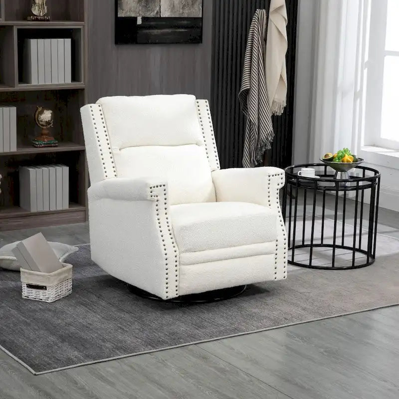 Fauteuil inclinable à bascule pivotant en bouclette avec rotation à 360 degrés et garniture cloutée