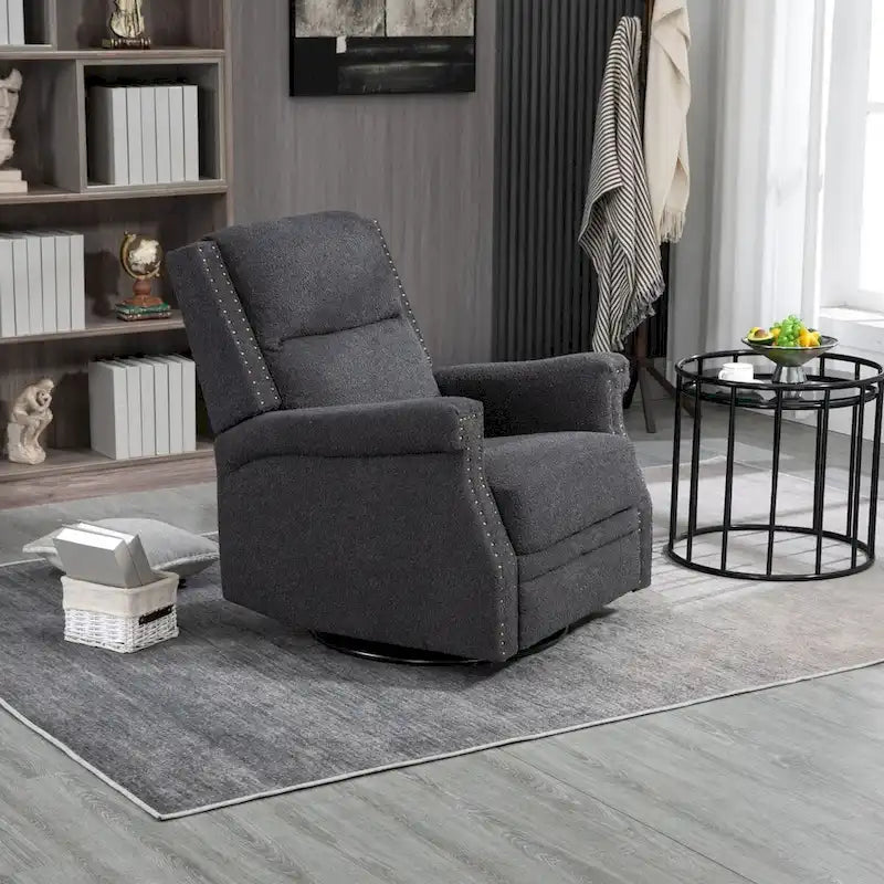 Fauteuil inclinable à bascule pivotant en bouclette avec rotation à 360 degrés et garniture cloutée