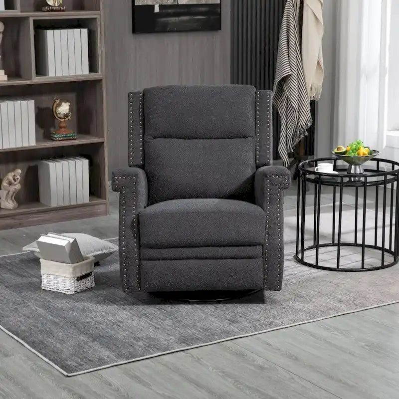 Fauteuil inclinable à bascule pivotant en bouclette avec rotation à 360 degrés et garniture cloutée