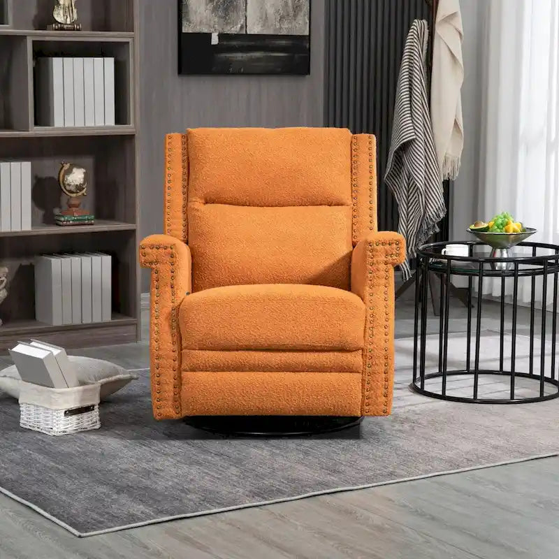 Fauteuil inclinable à bascule pivotant en bouclette avec rotation à 360 degrés et garniture cloutée