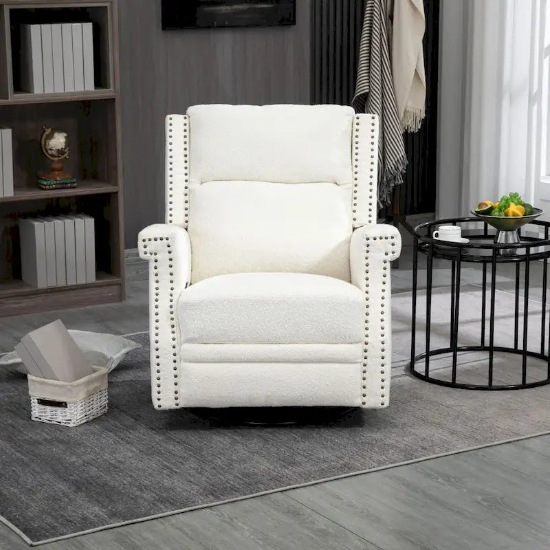 Fauteuil inclinable à bascule pivotant en bouclette avec rotation à 360 degrés et garniture cloutée