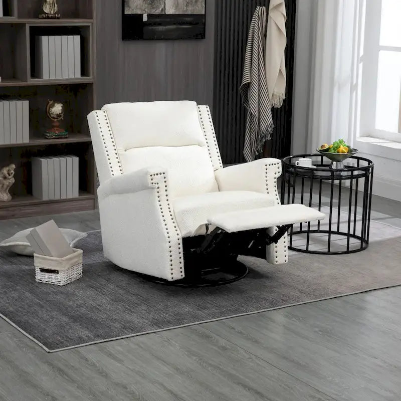 Fauteuil inclinable à bascule pivotant en bouclette avec rotation à 360 degrés et garniture cloutée