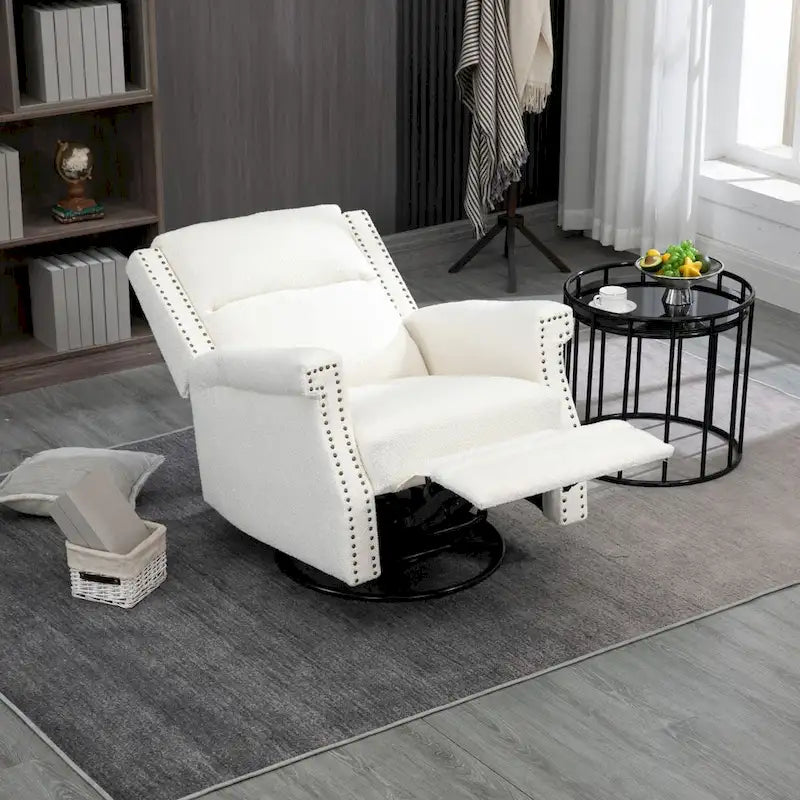 Fauteuil inclinable à bascule pivotant en bouclette avec rotation à 360 degrés et garniture cloutée