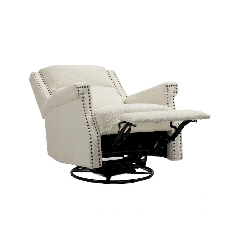 Fauteuil inclinable à bascule pivotant en bouclette avec rotation à 360 degrés et garniture cloutée