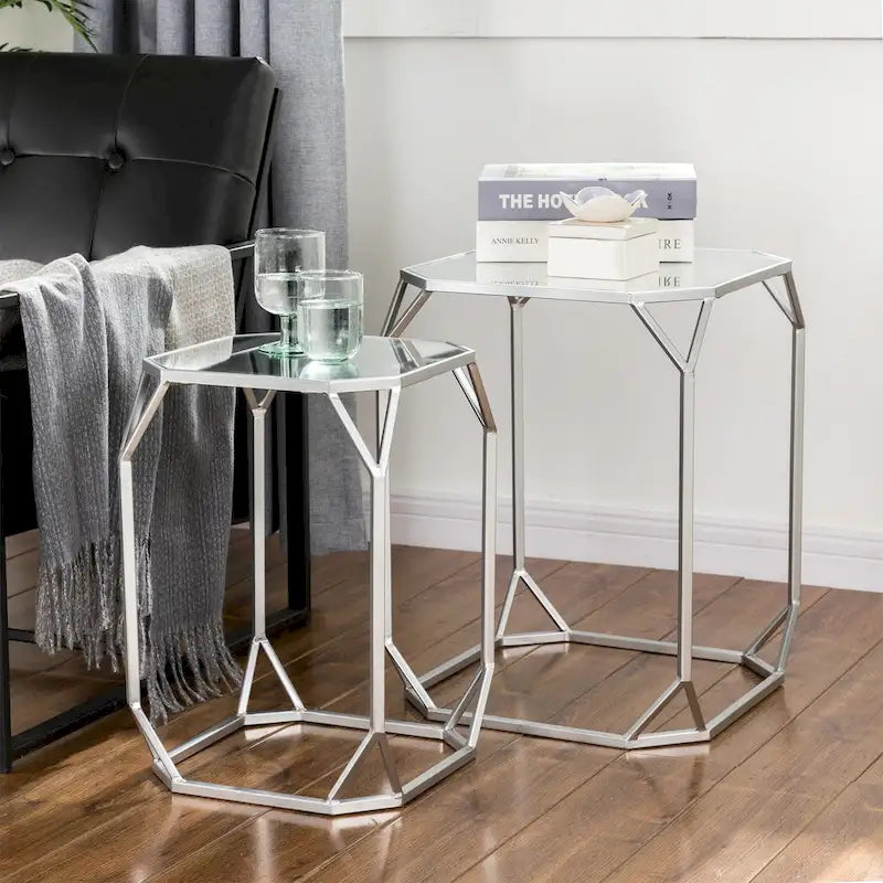 Table d'appoint à cadre en fer et plateau miroir géométrique Or Argent Noir