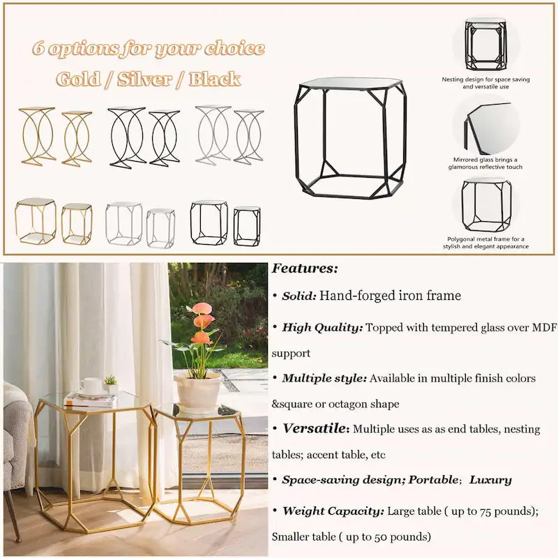 Table d'appoint à cadre en fer et plateau miroir géométrique Or Argent Noir