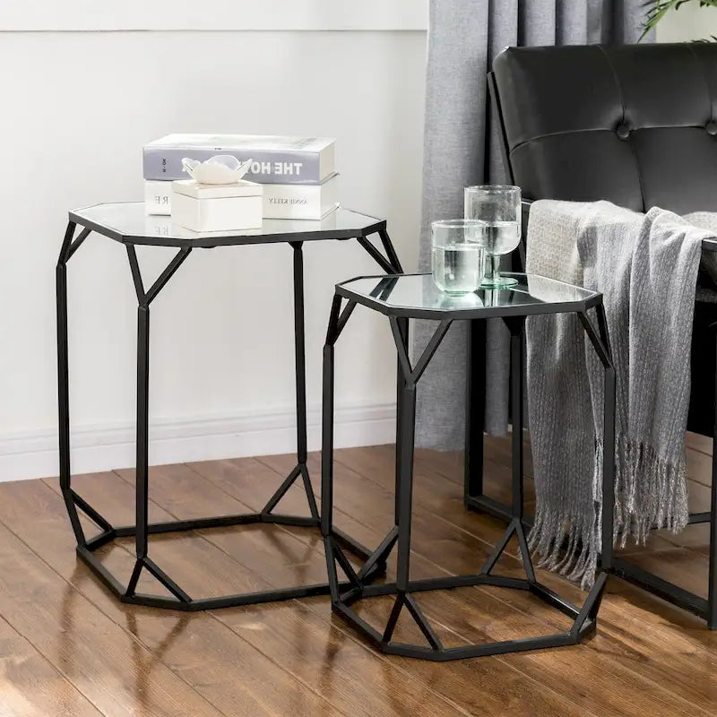 Table d'appoint à cadre en fer et plateau miroir géométrique Or Argent Noir