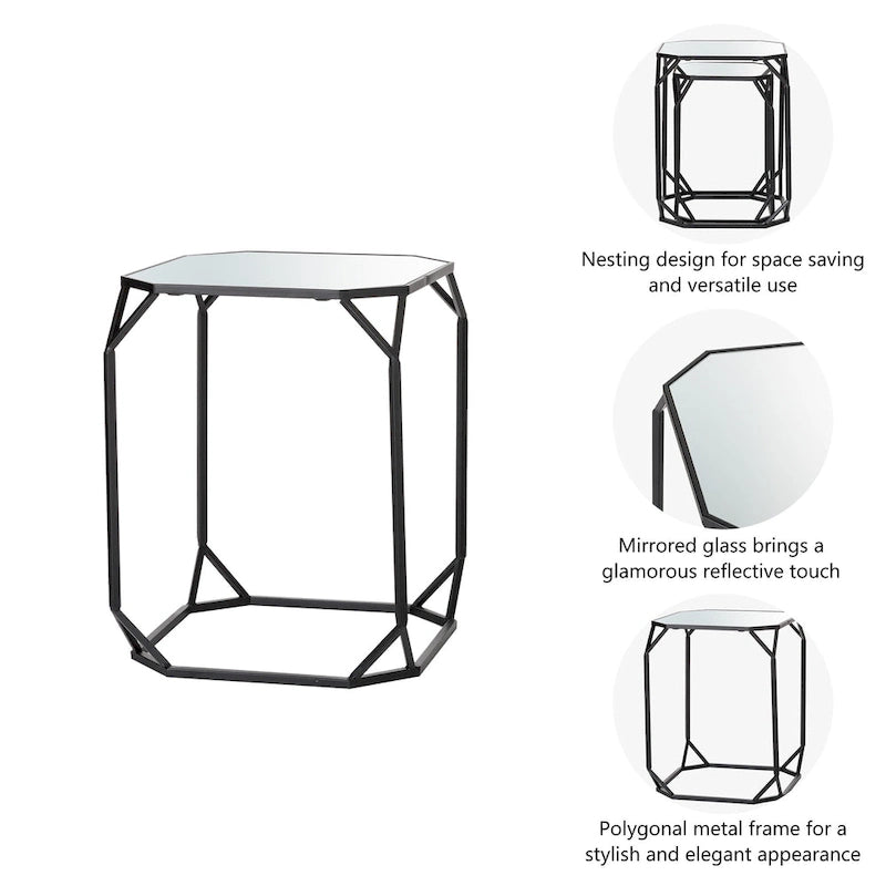 Table d'appoint à cadre en fer et plateau miroir géométrique Or Argent Noir