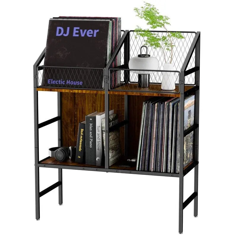 Meuble de rangement pour disques vinyles, style industriel rustique, marron, avec cadre en métal