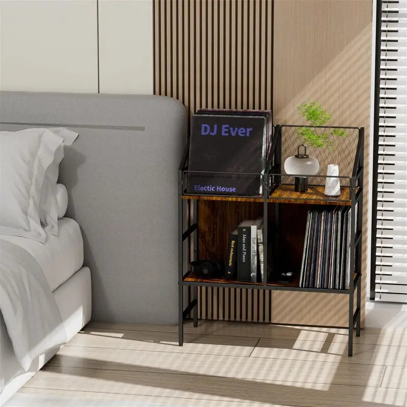 Meuble de rangement pour disques vinyles, style industriel rustique, marron, avec cadre en métal