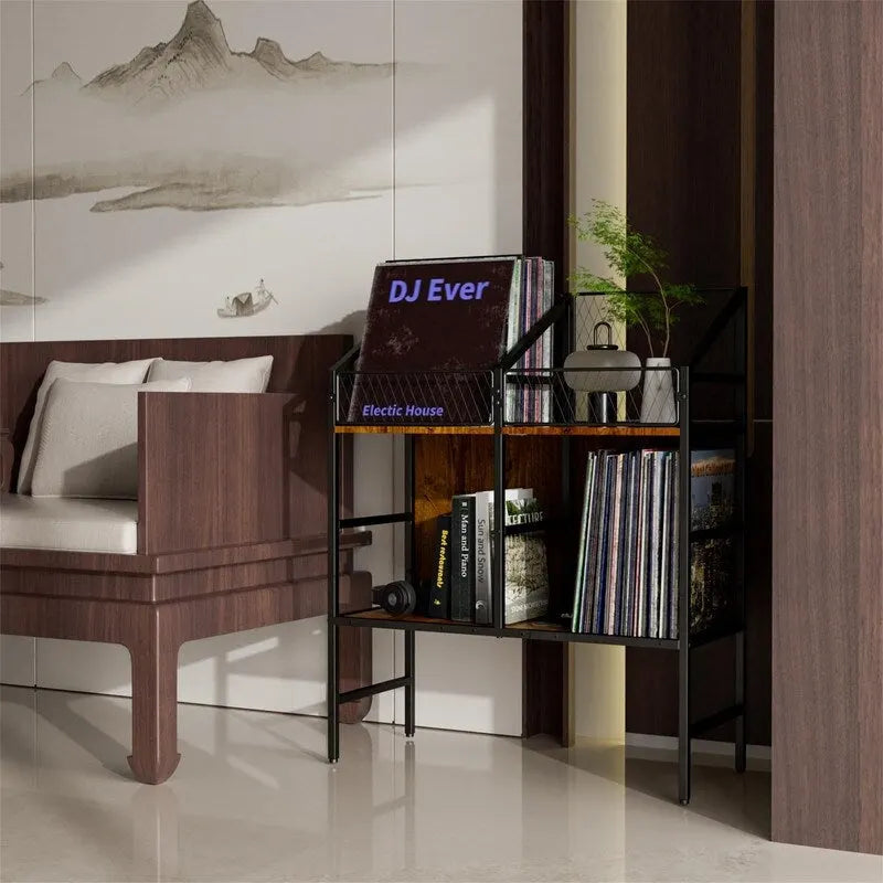 Meuble de rangement pour disques vinyles, style industriel rustique, marron, avec cadre en métal
