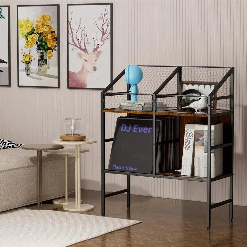 Meuble de rangement pour disques vinyles, style industriel rustique, marron, avec cadre en métal