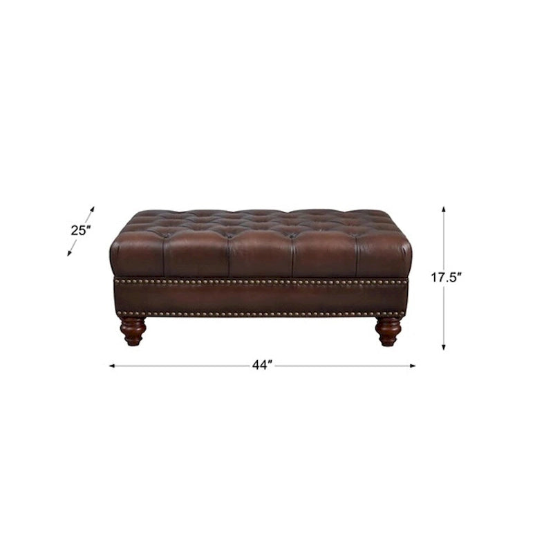 Repose-pieds en cuir pleine fleur capitonné brun caramel avec clous décoratifs