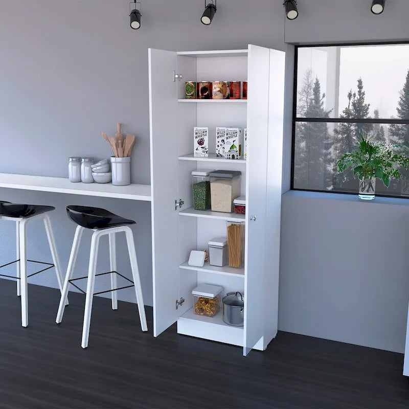 Armoire de rangement haute à double porte avec 5 étagères, finition blanche