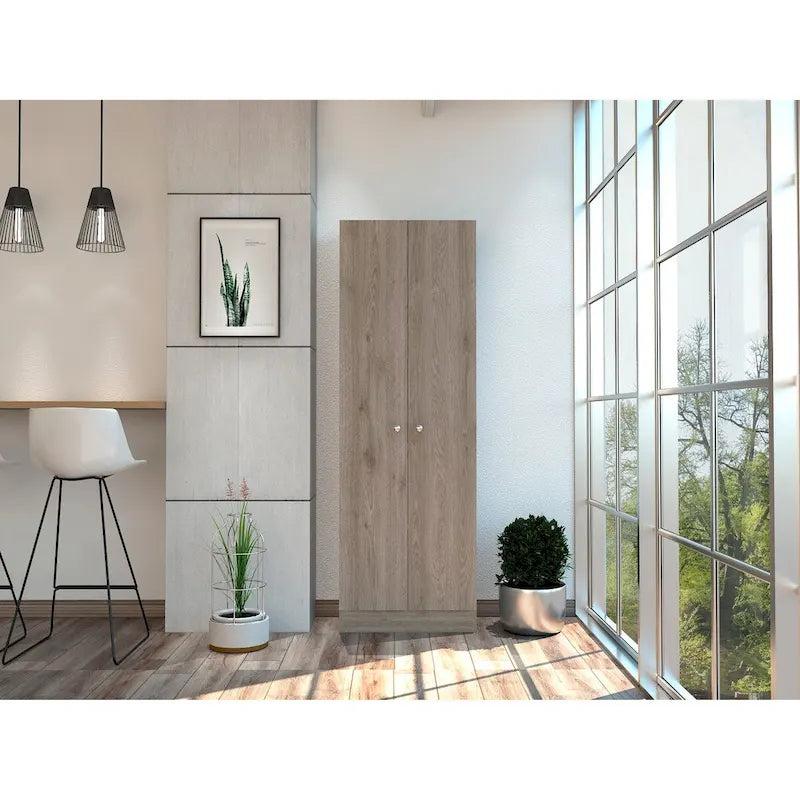 Armoire de rangement haute à double porte avec 5 étagères, finition blanche