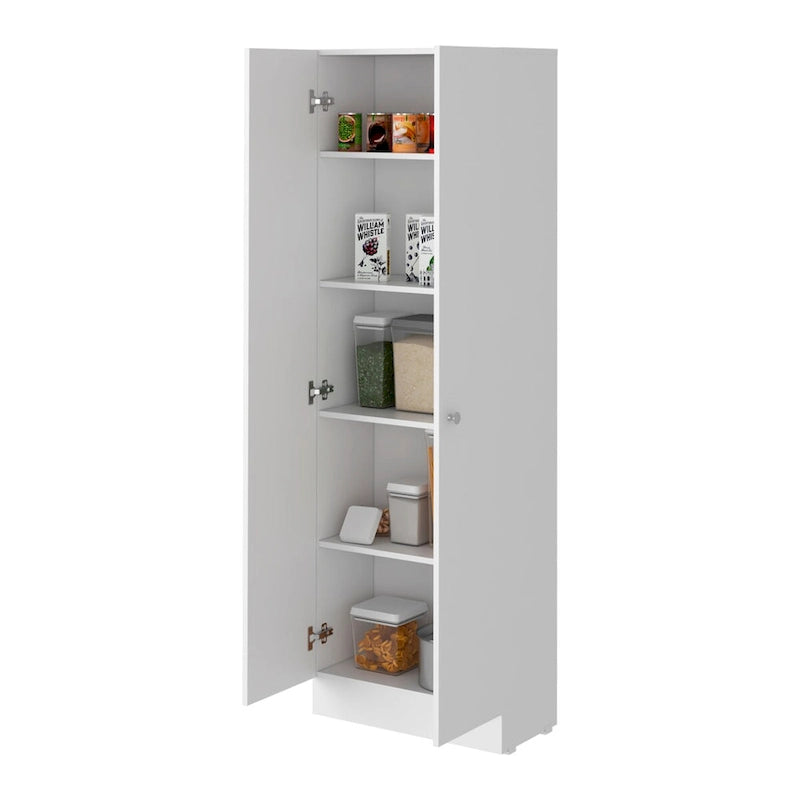 Armoire de rangement haute à double porte avec 5 étagères, finition blanche