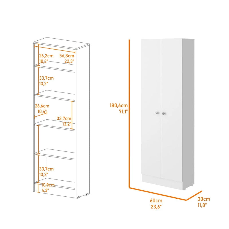 Armoire de rangement haute à double porte avec 5 étagères, finition blanche