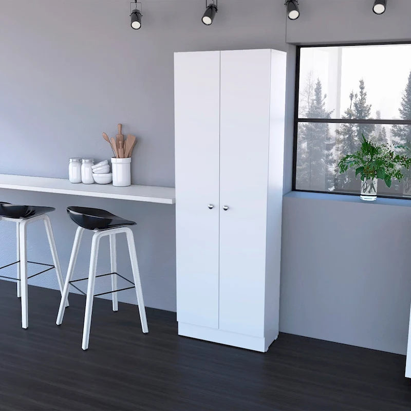 Armoire de rangement haute à double porte avec 5 étagères, finition blanche