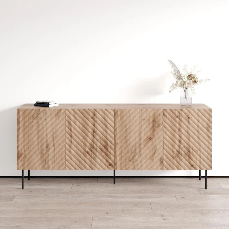 Bahut moderne en bois chevron avec pieds en métal noir chêne blanc