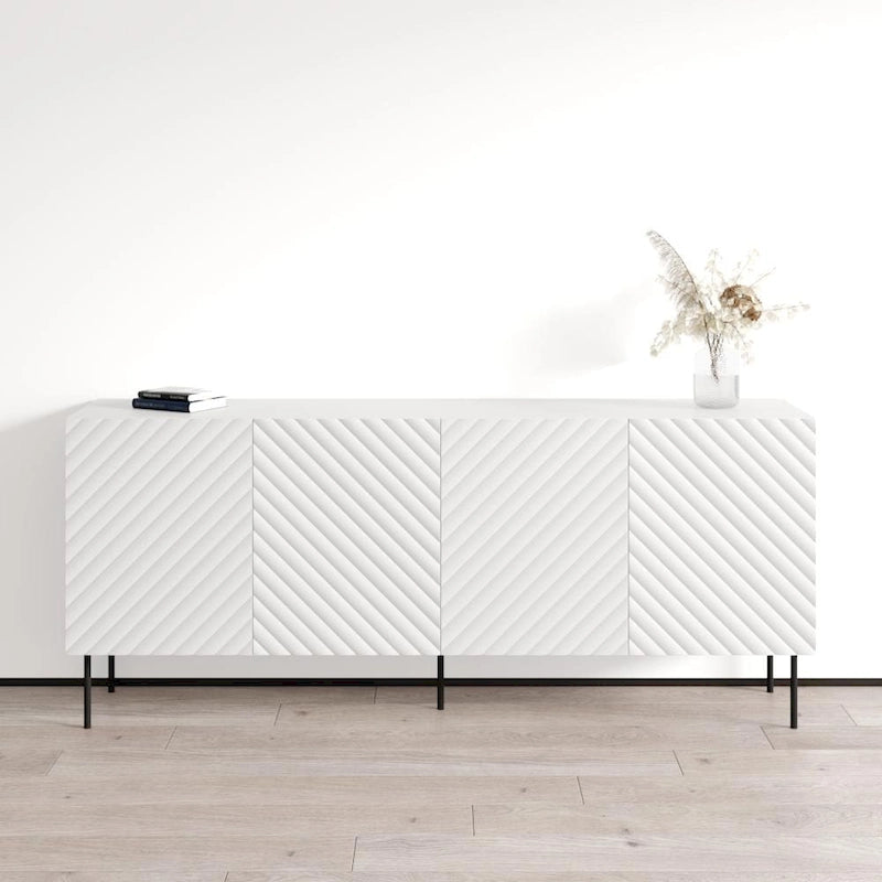 Bahut moderne en bois chevron avec pieds en métal noir chêne blanc