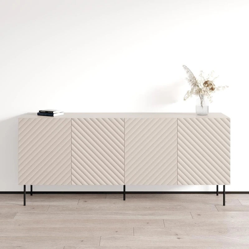 Bahut moderne en bois chevron avec pieds en métal noir chêne blanc