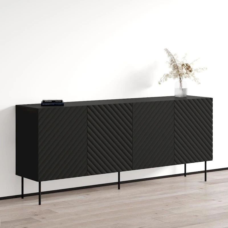 Bahut moderne en bois chevron avec pieds en métal noir chêne blanc