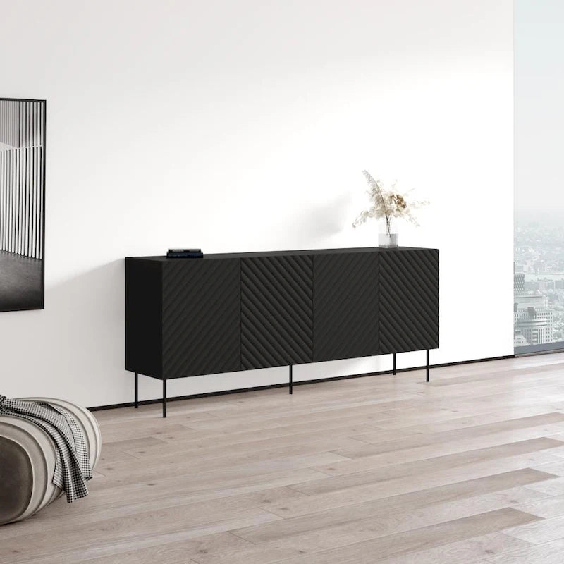 Bahut moderne en bois chevron avec pieds en métal noir chêne blanc