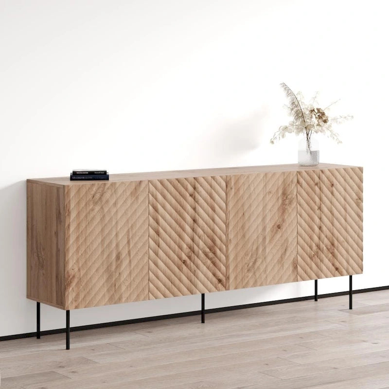 Bahut moderne en bois chevron avec pieds en métal noir chêne blanc