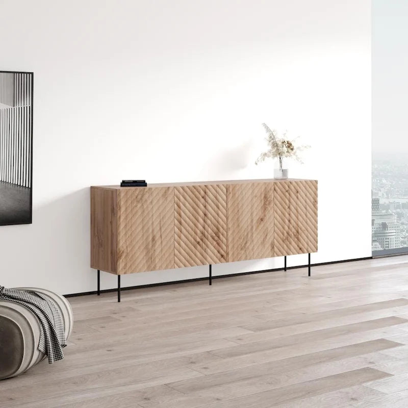 Bahut moderne en bois chevron avec pieds en métal noir chêne blanc
