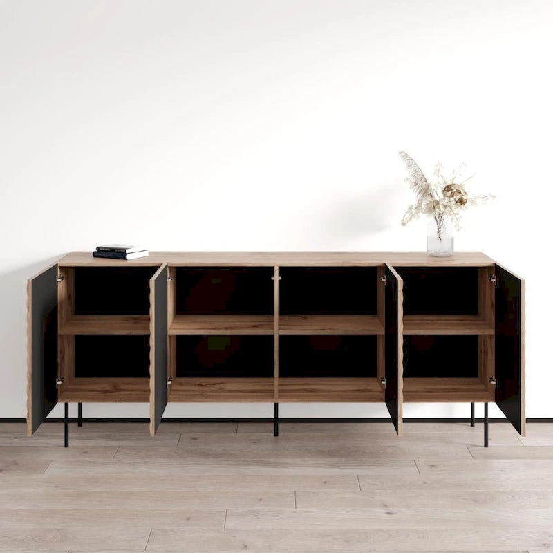 Bahut moderne en bois chevron avec pieds en métal noir chêne blanc