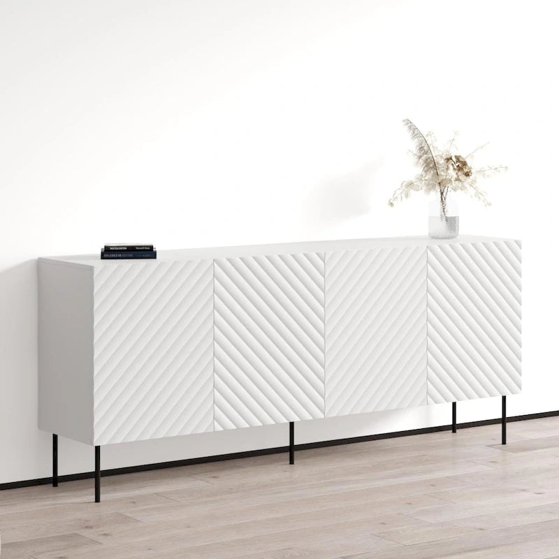 Bahut moderne en bois chevron avec pieds en métal noir chêne blanc
