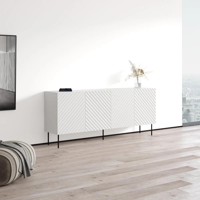 Bahut moderne en bois chevron avec pieds en métal noir chêne blanc