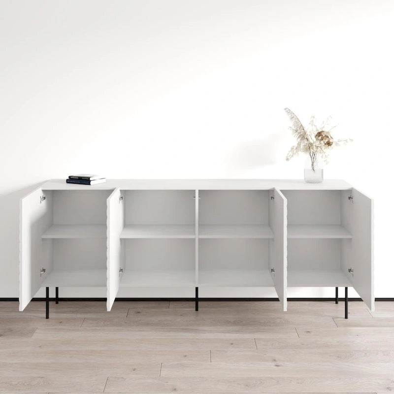Bahut moderne en bois chevron avec pieds en métal noir chêne blanc