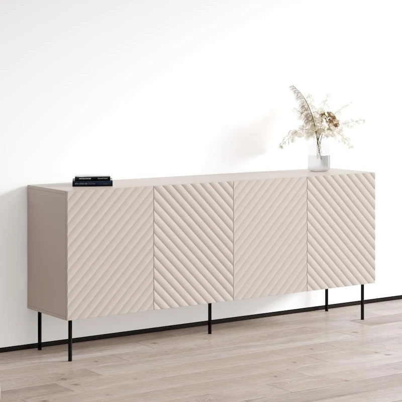 Bahut moderne en bois chevron avec pieds en métal noir chêne blanc
