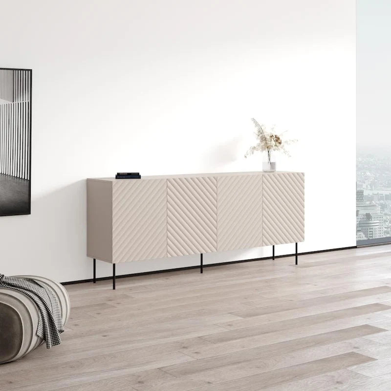 Bahut moderne en bois chevron avec pieds en métal noir chêne blanc