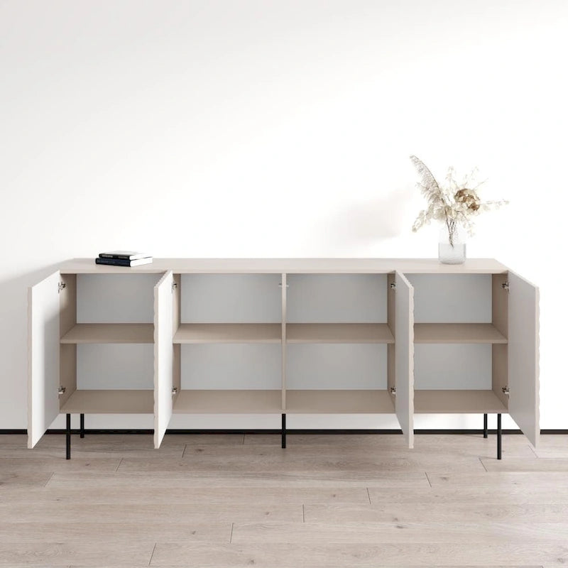 Bahut moderne en bois chevron avec pieds en métal noir chêne blanc