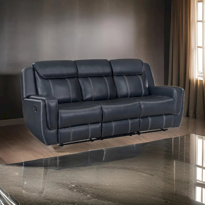 Canapé Inclinable Manuel Double de 86 Pouces en Similicuir Bleu Marine avec Table Rabattable