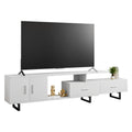 Meuble TV 55 pouces blanc avec étagères ouvertes, tiroirs, armoire et pieds en métal