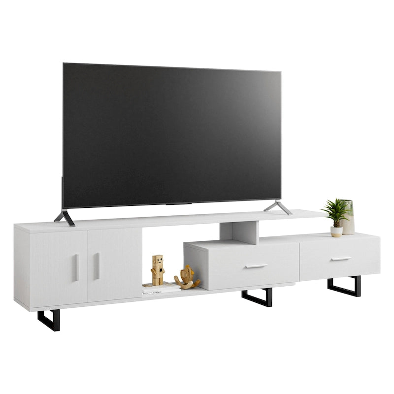 Meuble TV 55 pouces blanc avec étagères ouvertes, tiroirs, armoire et pieds en métal