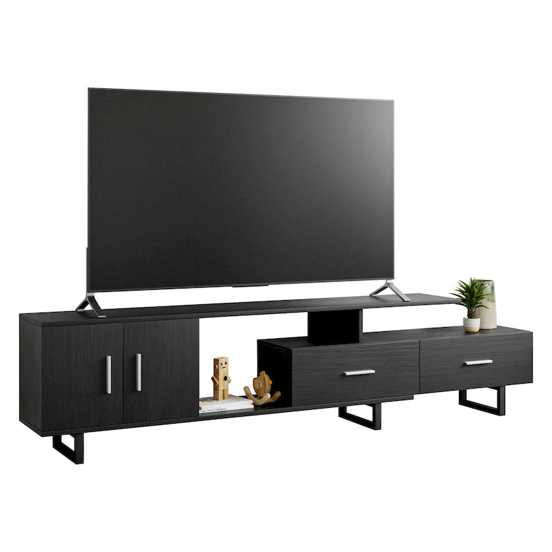 Meuble TV 55 pouces blanc avec étagères ouvertes, tiroirs, armoire et pieds en métal