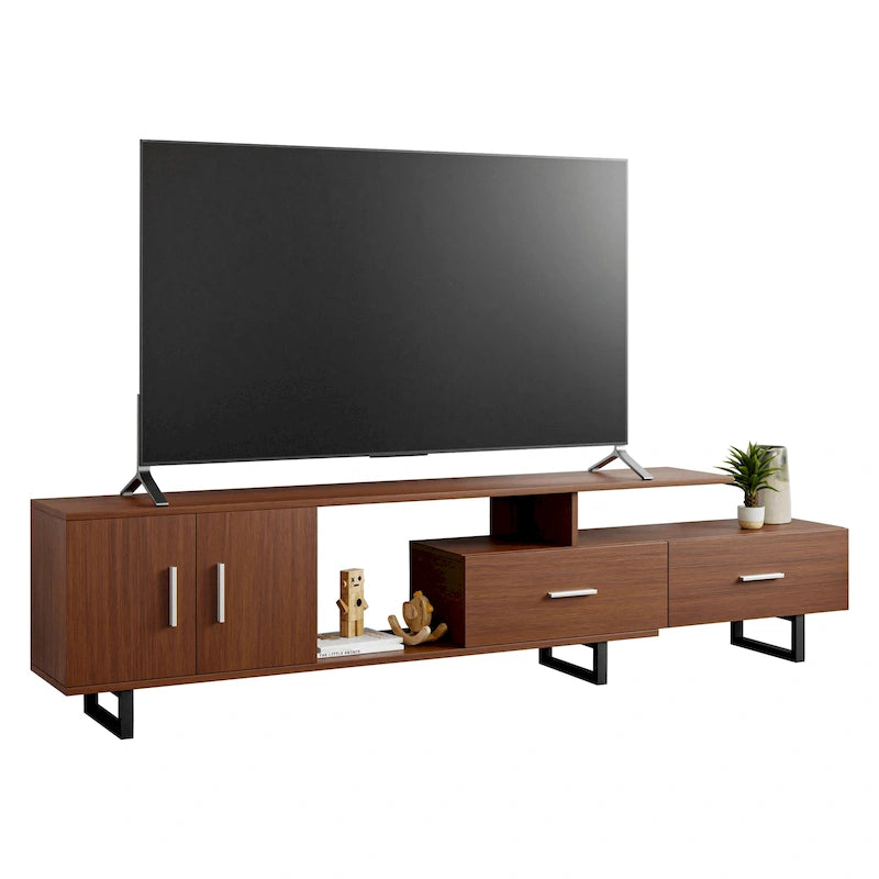 Meuble TV 55 pouces blanc avec étagères ouvertes, tiroirs, armoire et pieds en métal