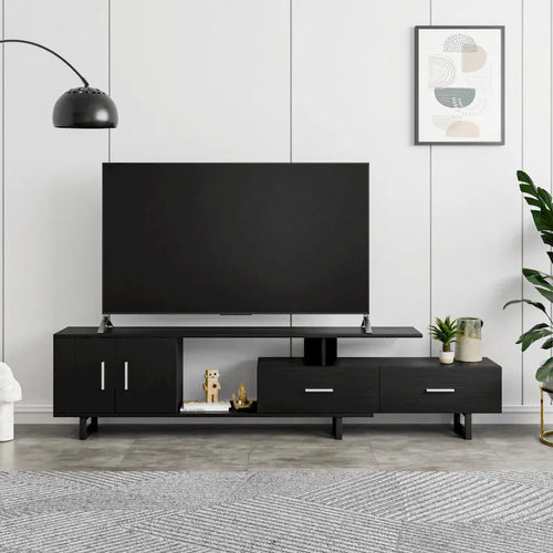 Meuble TV 55 pouces blanc avec étagères ouvertes, tiroirs, armoire et pieds en métal