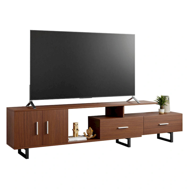 Meuble TV 55 pouces blanc avec étagères ouvertes, tiroirs, armoire et pieds en métal