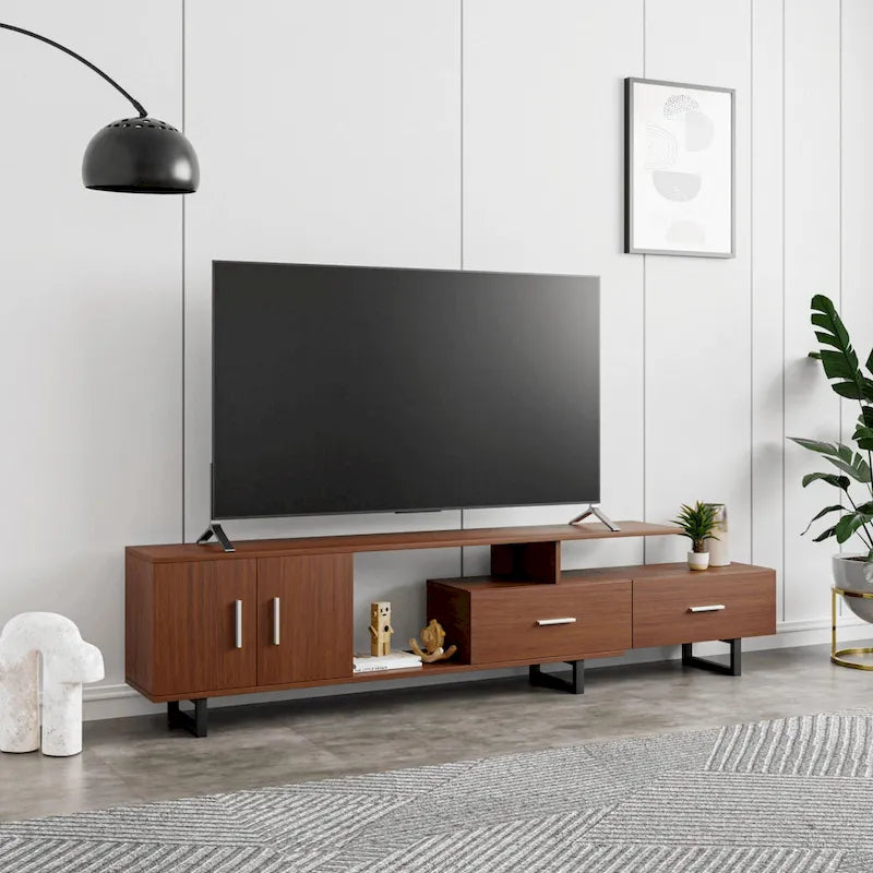 Meuble TV 55 pouces blanc avec étagères ouvertes, tiroirs, armoire et pieds en métal