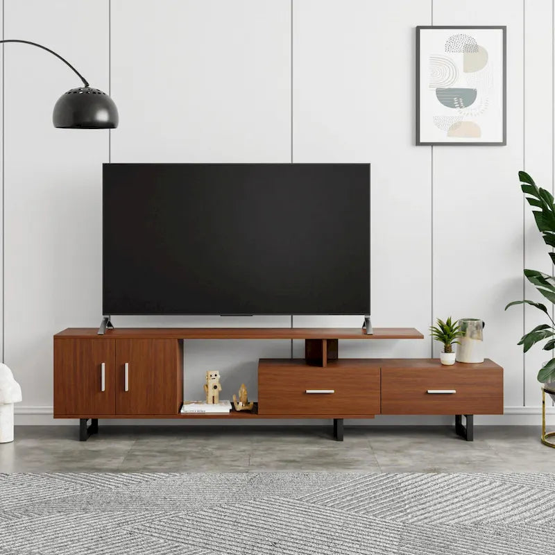 Meuble TV 55 pouces blanc avec étagères ouvertes, tiroirs, armoire et pieds en métal