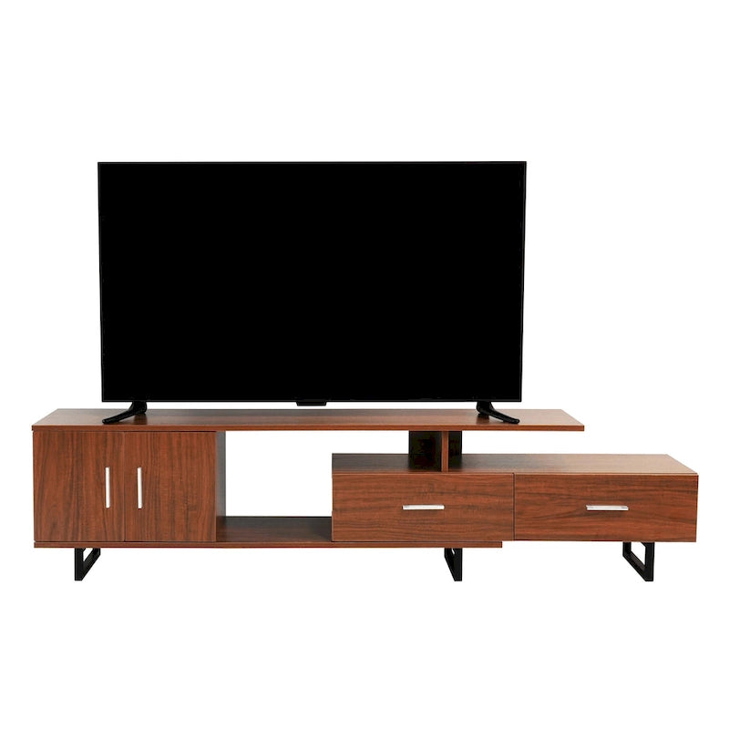 Meuble TV 55 pouces blanc avec étagères ouvertes, tiroirs, armoire et pieds en métal